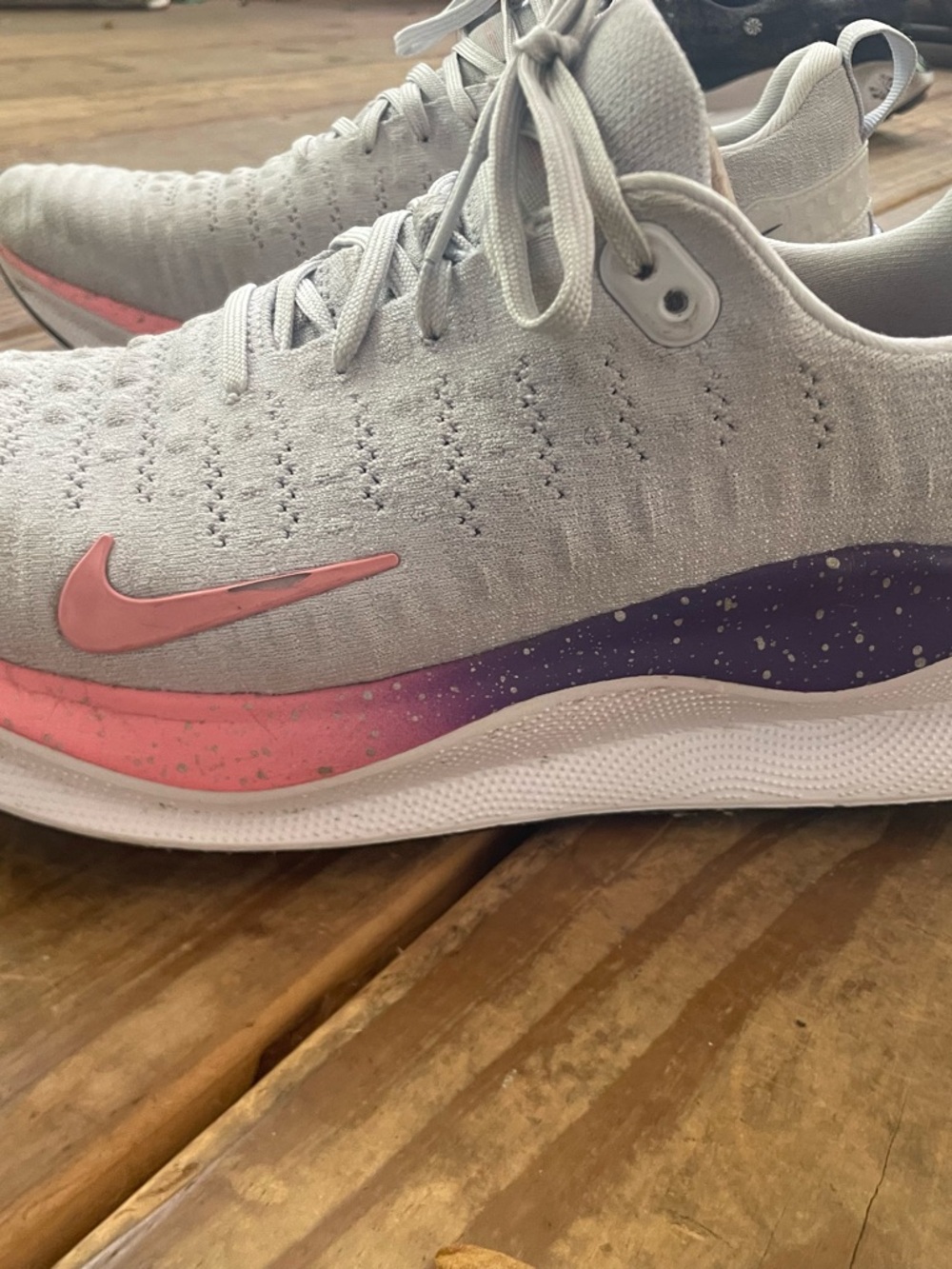 Nike React X Women's Light Gray Knit Running Sneakers with Pink & Purple Accents